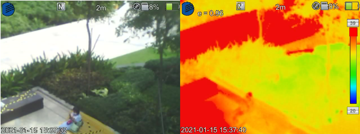 Side-by-side images: normal outdoor scene and its thermal image showing heat signatures. A person is visible in both.